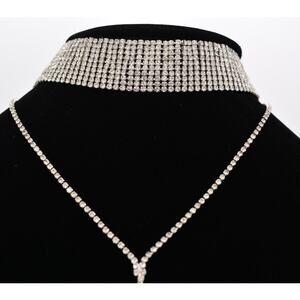 Vintage Crystal Choker Necklace Y Drop Rhinestone Long Chunky Shiny 1990s BinI